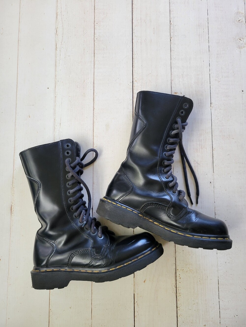 Vintage Dr Martens 9813 Combat Boots UK 6 Black Tall 14-Eye Lace Up Made England - Picture 13 of 14
